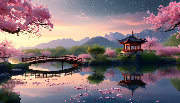 Hanami Bridge Spring Reflection Print