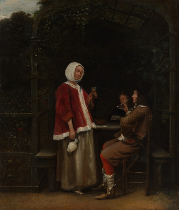 A woman and two men in an arbor Print
