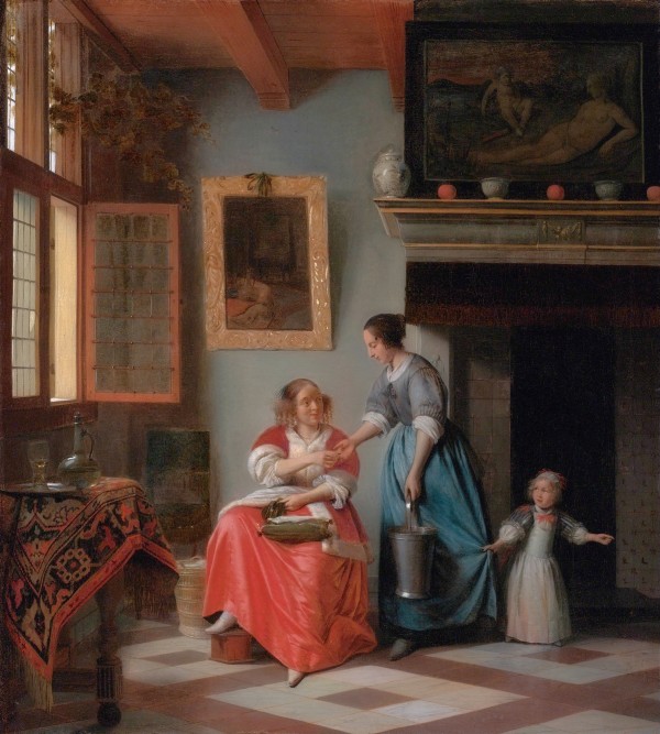 Woman hands over money to her servant Print