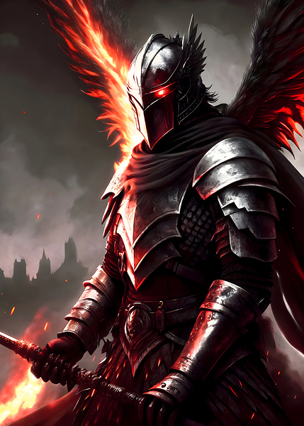 Epic Dark Knight with Fiery Wings and Flaming Sword Fantasy Warrior Artwork Gothic Medieval Wall Art by Ahmed Rashad