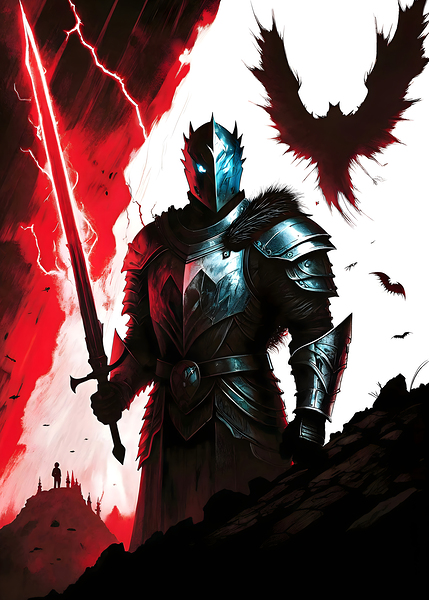 Epic Dark Knight with Lightning Sword and Raven Shadow Gothic Medieval Fantasy Warrior Artwork by Ahmed Rashad