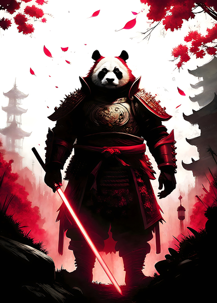 Epic Panda Samurai Warrior with Red Katana in Japanese Temple Fantasy Artwork Wall Art by Ahmed Rashad