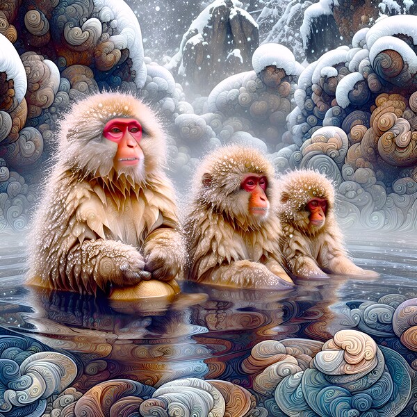 Macaques in hot spring Print