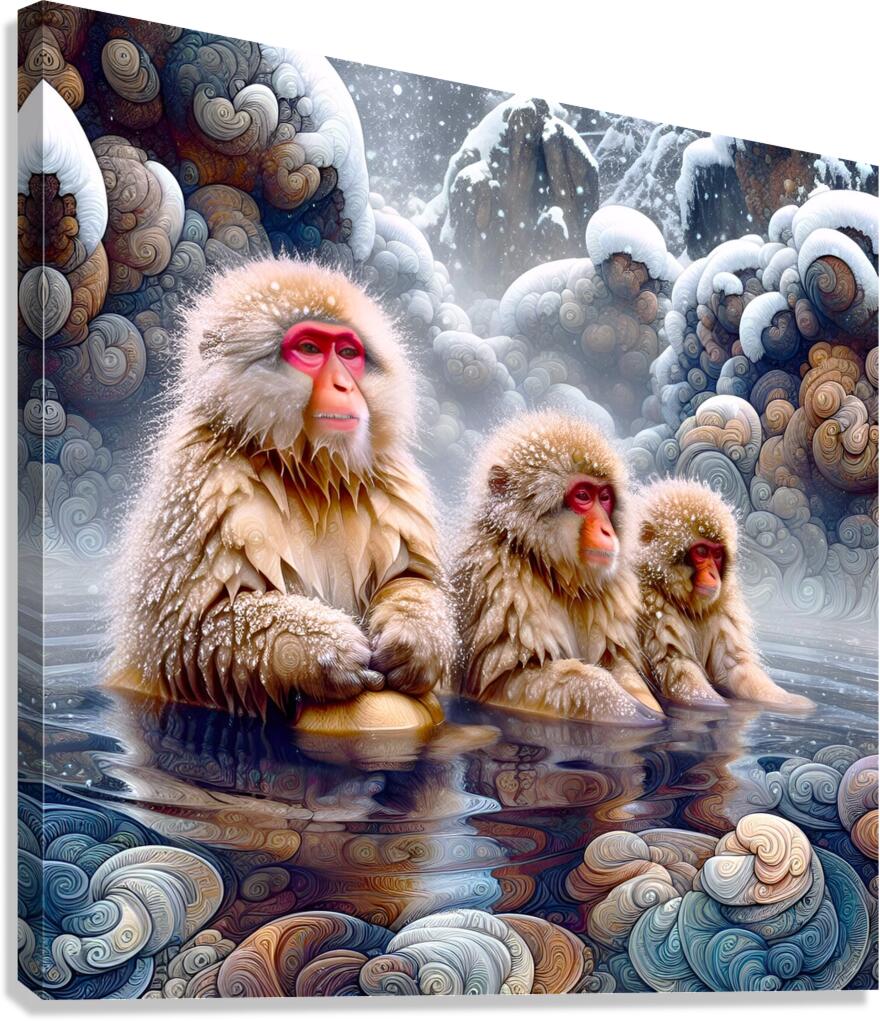 Macaques in hot spring Canvas Print