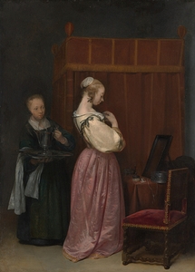 A Young Woman at Her Toilet with a Maid [ca. 1650–51] by Gerard ter Borch [1617–1681]