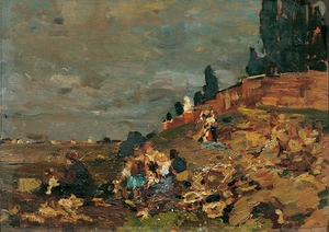 Kinder an der Friedhofsmauer [1888] by Tina Blau [1845–1916]