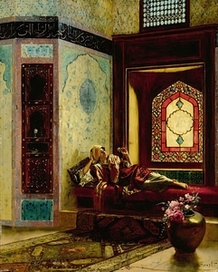 Languorous oriental lady with a rose by Rudolf Ernst [1854–1932]