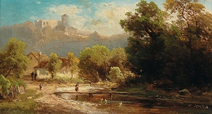 Landscape with Duck Pond and View of a Castle by Anton Hugo Ullik [1838–1881]
