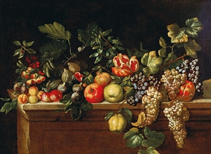Apples. Grapes. Figs and pomegranates and other fruit on a ledge by Agostino Verrocchio [1586–1659]