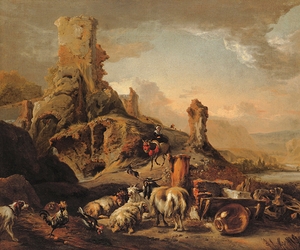 Shepherdess And Her Flock On A Path by Jan Baptist Weenix [1621–1660]