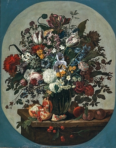 Tulips. Squills hydrangeas. Peonies. And other flowers in a vase surrounded by pomegranates and other fruit. On a stone ledge [1668] by Gaspar Peeter Verbruggen the Elder [1635–1730]