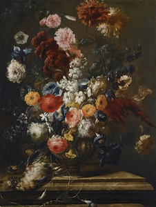 A Still Life Of Flowers In An Urn On A Marble Ledge With A Bird by Franz Werner von Tamm [1658–1724]