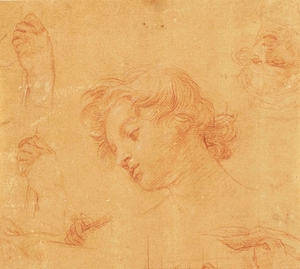 Tête de jeune garçon. études subsidiaires de mains et visage by Pompeo Batoni [1708–1787]