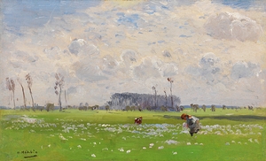 Sommerwiese mit blumenpflückenden Mädchen [1902] by Hugo Mühlig [1854–1929]