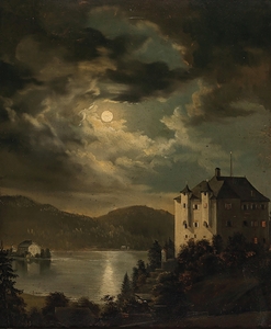 Wörthersee. Mondstimmung über Schloss Freyenthurn mit Blick auf Loretto by Clementine von Rainer [1824–1899]