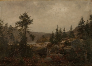 Duskregn . Gården Foss. Mandalselven [1862] by Amaldus Nielsen [1838–1932]