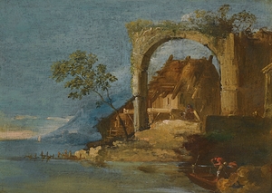 A Capriccio Fluvial Landscape With Figures In A Boat In The Foreground by Giuseppe Bernardino Bison [1762–1844]