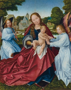The Virgin and Child with angels in a landscape. A village beyond by Jan Provost [1460–1529]