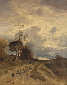 Herbstlandschaft am Abend mit heimkehrender Schafherde [1880] by Adolf Heinrich Lier [1826–1882]
