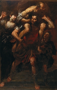 Aeneas fleeing the burning Troy by Gioacchino Assereto [1600–1649]