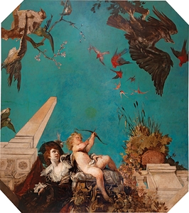 A Ceiling Painting. Society Lady With Cupid In A Garden Landscape [C. 1877] by Hans Makart [1840–1884]