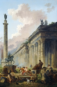 Imaginary View of Rome with Equestrian Statue of Marcus Aurelius. The Column of Trajan and a Temple by Hubert Robert [1733–1808]