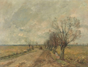 Marschlandschaft mit Weidenallee und Reiter [1910] by Rudolf Höckner [1864–1942]