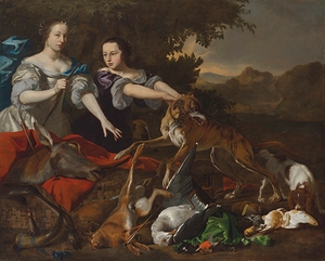 Portrait of a lady in as the goddess Diana and her attendant. With the spoils of the chase by Melchior d’Hondecoeter [1636–1695]