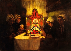 Gens d’Ouessant veillant un enfant mort [1889] by Charles Cottet [1863–1925]