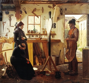 To kvinder besøger landsbykunstneren for at se det bestilte gravkors [1873] by Christen Dalsgaard [1824–1907]