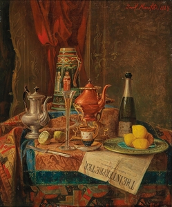 An Opulent Still Life with a Champagne Glass and a Majolica Ewer [1884] by Josef Mansfeld [1819–1894]