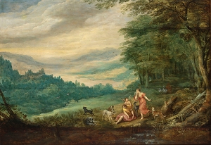 Venus Mourning Adonis In A Panoramic Wooded Landscape by Joos de Momper [1564–1634]