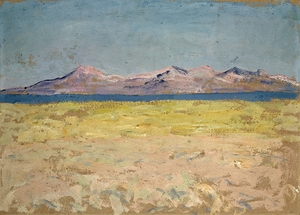 Ufergefilde mit schmalem Meeresarm und fernem Hügelzug by Ernst Schiess [1872–1919]