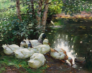 Sechs Enten am Teichufer [1908] by Alexander Koester [1864–1932]