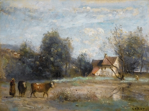 Luzancy. Petites Maisons De Paysans Au Bord De L’eau by Jean–Baptiste–Camille Corot [1796–1875]
