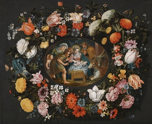 Adoration Of The Shepherds Surrounded By A Garland Of Flowers by Andries Snellinck [1587–1653]