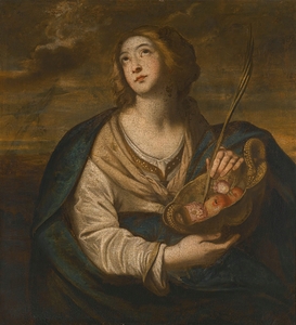 Saint Dorothy With A Basket Of Fruits And Flowers And A Palm by Niccolò de Simone [active 1636–1655]
