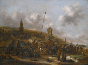 The Beach At Scheveningen With Fishermen Unloading Their Catch by Nicolaes Molenaer [1626–1676]