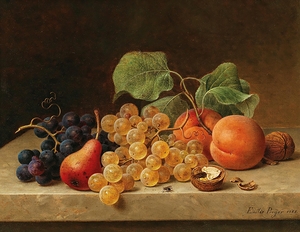 Still Life with Grapes. Peaches. A Pear and Nuts [1869] by Emilie Preyer [1849–1930]