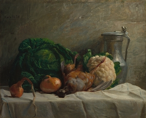Still Life with Vegetables. Partridge. And a Jug [1858] by Adolphe–Félix Cals [1810–1880]