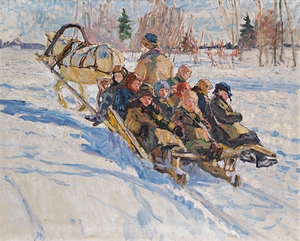 Children riding in a sleigh by Nikolai Bogdanov–Belsky [1868–1945]