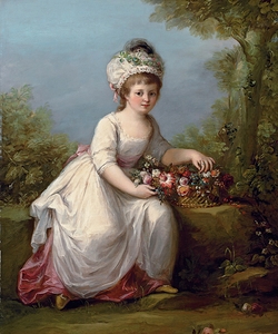 Portrait of a young girl. Full–length. Seated in a white dress with a basket of flowers. In a landscape by Angelica Kauffmann [1741–1807]