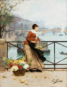 The Flower Vendor on the Pont des Arts Paris by Victor Gabriel Gilbert [1847–1933]