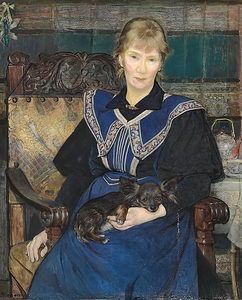 Kvinde i blå kjole med en lille hund i skødet by Bertha Wegmann [1847–1926]