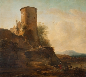 Italian mountain landscape with castle ruins. Animals and figures [first half of 17th century] by Adam Pynacker [1615–1673]