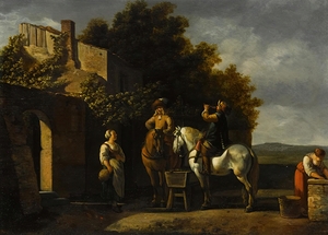 Cavaliers On Horseback Resting Outside An Inn With A Courtyard Beyond by Gerrit Adriaensz. Berckheyde [1638–1698]
