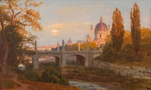 Blick vom Wienfluss gegen Elisabethbrücke und Karlskirche [ca. 1895] by Anton Hlavacek [1842–1926]