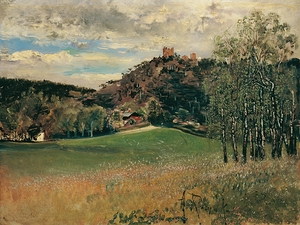 Die Meiereiwiese in der Vorderbrühl mit der Ruine Mödling [1885] by Anton Romako [1832–1889]
