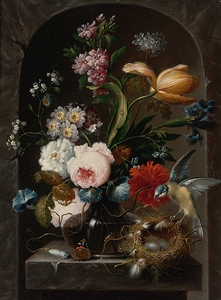 Still Life Of Roses. Morning Glories. Primroses. A Tulip And Other Flowers In A Glass Vase. With A Bird And Bird’s Nest [1789] by Johann Baptist Drechsler [1756–1811]