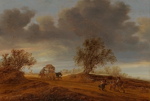 A raid on a horse and wagon in the dunes at sunset [1643] by Jacob Salomonsz. Van Ruysdael [circa 1630–1681]